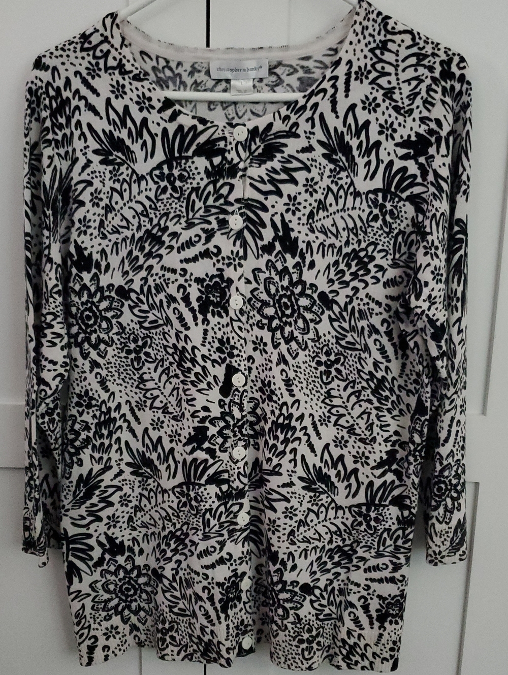 Christopher & Banks Women's Black and White Floral Button-Front Top